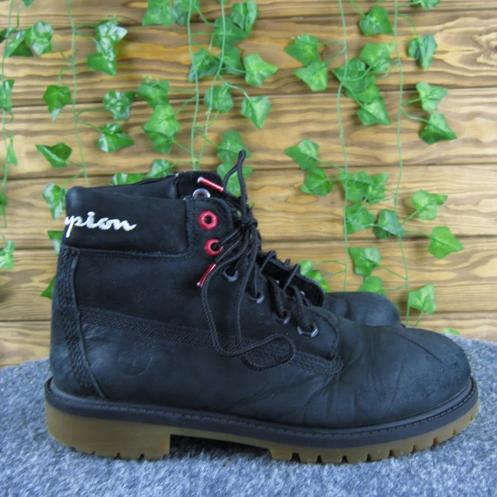 Champion x Timberland‎ Black Leather Lace Up Boots Boys Size 1.5 Ankle Outdoor